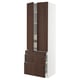 SEKTION kitchen unit, dark brown wood, white frame, tall with shelves & drawers, modern design.