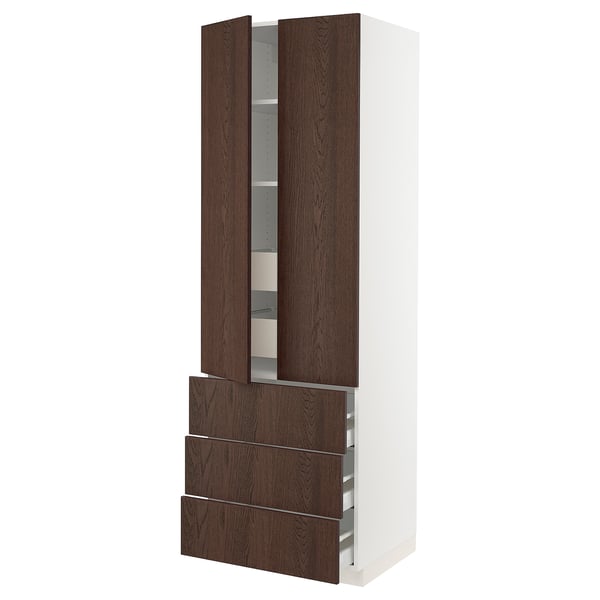 SEKTION kitchen unit: white frame & dark brown wood doors, 3 drawers, vertical.