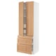 An ikea SEKTION kitchen cabinet in white and oak. It two open doors and three drawers with a light wood finish.