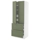 Green cabinet with pullout shelves and drawers.