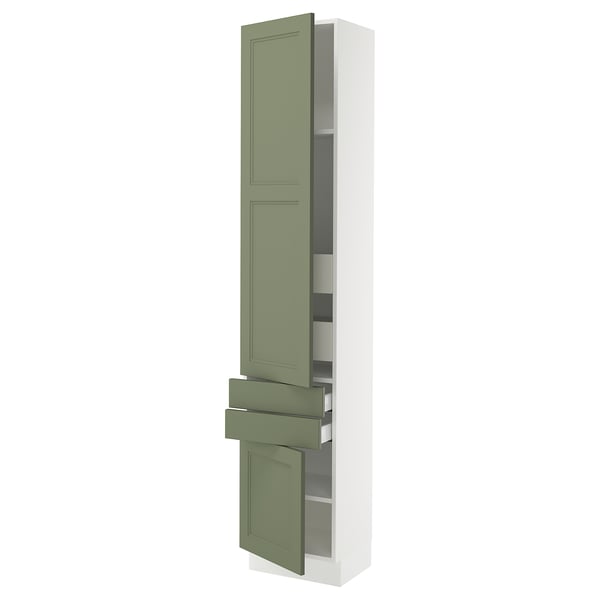 A modern tall kitchen cabinet in white with green doors and drawers. It adjustable shelves inside and a sleek design.
