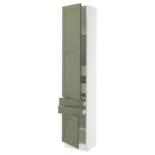 A modern tall kitchen cabinet in white with green doors and drawers. It adjustable shelves inside and a sleek design.