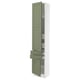 A modern tall kitchen cabinet in white with green doors and drawers. It adjustable shelves inside and a sleek design.