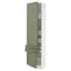 Green kitchen cabinet with doors & drawers, tall & narrow, modern style.