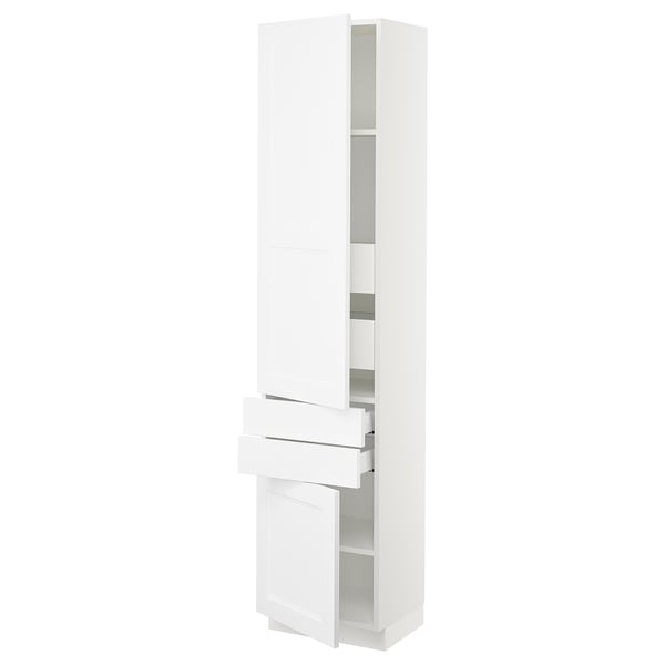 A white SEKTION kitchen cabinet with adjustable shelves and soft-closing drawers.