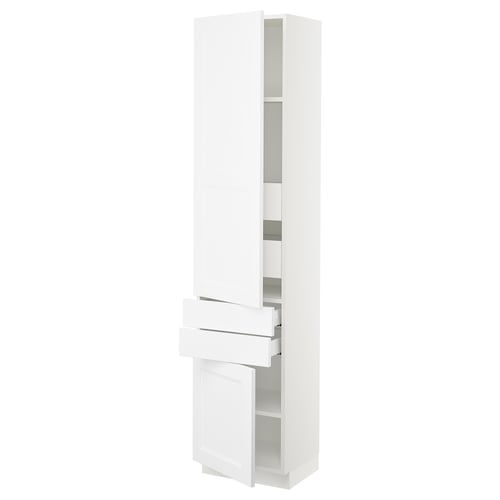 A white SEKTION kitchen cabinet with adjustable shelves and soft-closing drawers.