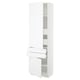 A white SEKTION kitchen cabinet with a modern, sleek design featuring open doors and drawers, revealing adjustable shelves inside.