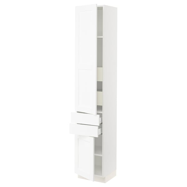 White SEKTION kitchen cabinet with pullout shelves and drawers.