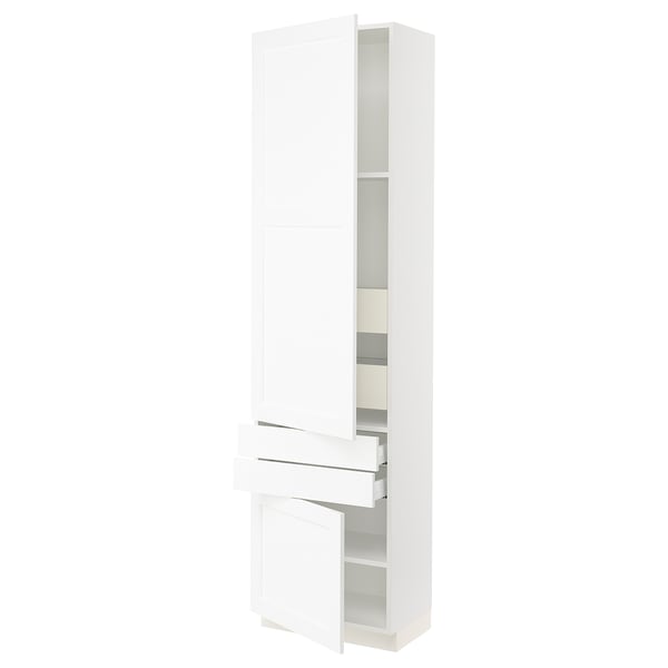 A white SEKTION tall kitchen cabinet with adjustable shelves and drawers.