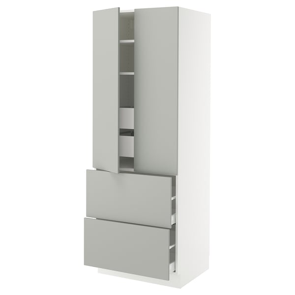 A white SEKTION kitchen cabinet with grey drawers and shelves. It has a modern, clean, and minimalist design, with a tall and slim shape.