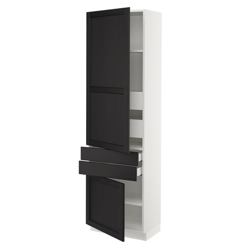 An open, tall white cabinet with black doors and drawers. It has a modern, minimalist design with multiple shelves inside.