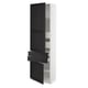 An open, tall white cabinet with black doors and drawers. It has a modern, minimalist design with multiple shelves inside.