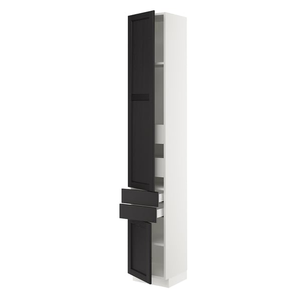 White SEKTION cabinet with dark wood doors and multiple shelves.