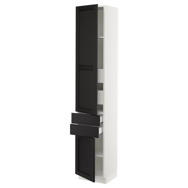 SEKTION: tall white cabinet with dark wood accents, mirror, storage, and drawers. Modern, functional, with a snap-on hinge for easy cleaning.