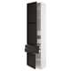 A SEKTION kitchen cabinet. Its tall and white with dark-stained wood accents. It has adjustable shelves and drawers.