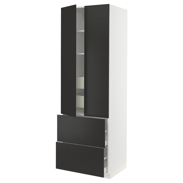 Ikea SEKTION kitchen cabinet, black, tall, modern, with adjustable shelves, soft-close drawers.