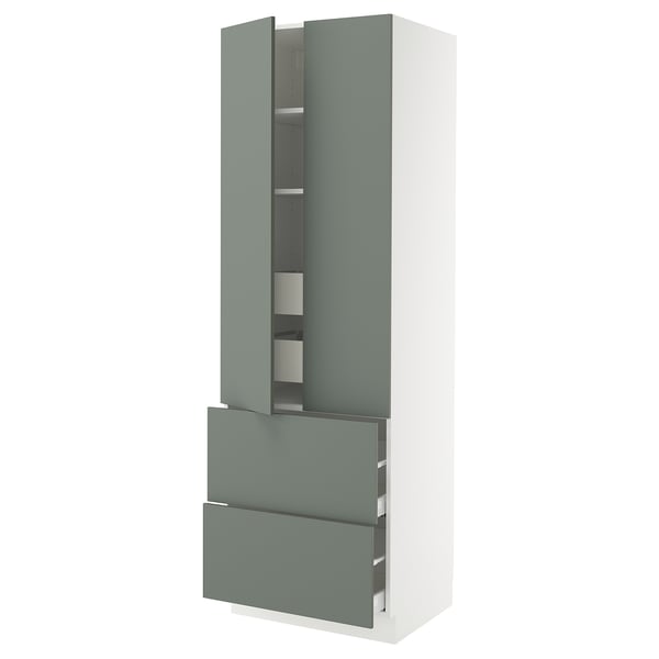 Modern tall greenish-grey kitchen cabinet with two drawers and shelves, sleek handle-less design.