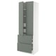 Modern tall greenish-grey kitchen cabinet with two drawers and shelves, sleek handle-less design.