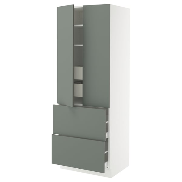 Gray-green ikea SEKTION cabinet with adjustable shelves and drawers.