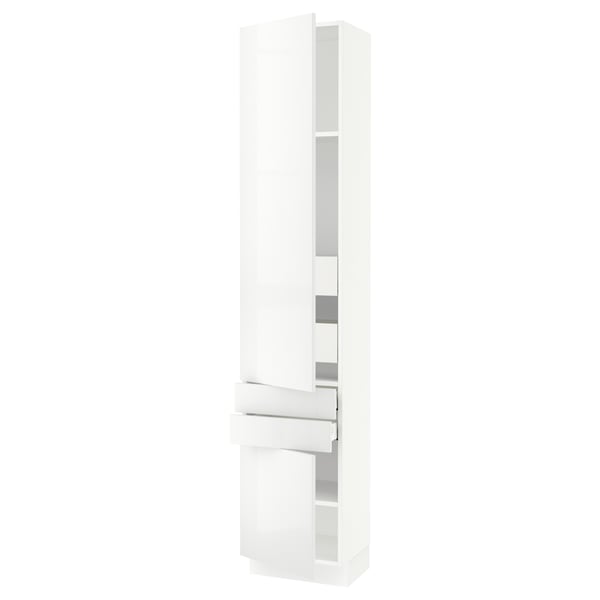 SEKTION modern white high-gloss kitchen cabinet, tall, clean-lined with adjustable shelves.