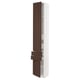 A modern, tall, white cabinet with dark brown wooden doors and drawers. The cabinet has a sleek design with adjustable shelves.