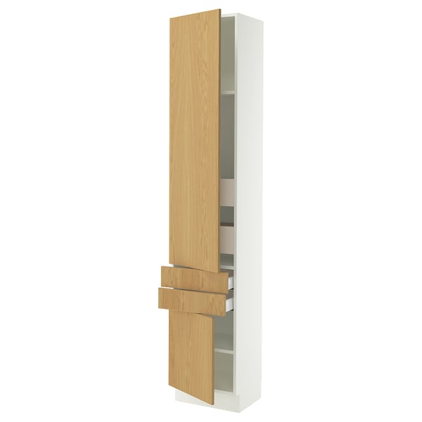 SEKTION wooden cabinet with glass shelves and drawers.