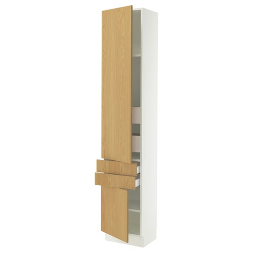 SEKTION wooden cabinet with glass shelves and drawers.