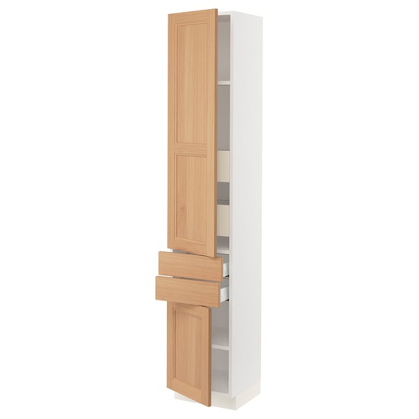 SEKTION kitchen cabinet in white and oak, featuring drawers and shelves, with a modern and natural design.