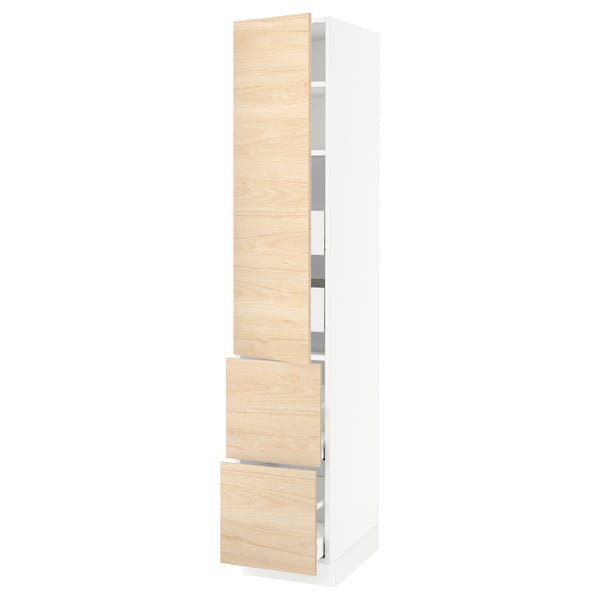 SEKTION kitchen cabinet in light ash wood, white frame, tall with shelves and drawers. Modern design with soft-close hinges.