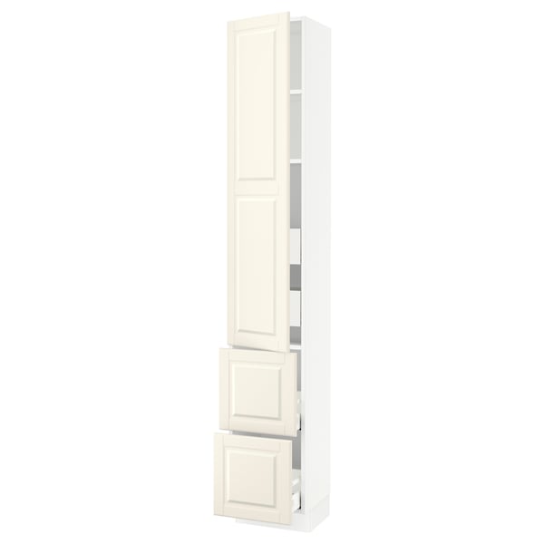 An off-white SEKTION kitchen cabinet with a traditional design, featuring multiple shelves and drawers.