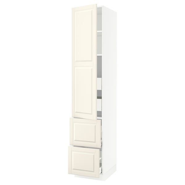 Displays a SEKTION off-white kitchen cabinet with a traditional design, featuring multiple adjustable shelves and full-extension drawers.
