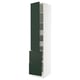 SEKTION kitchen cabinet in white and green. Tall, rectangular with shelves and drawers. Deep green handles and adjustable shelves.