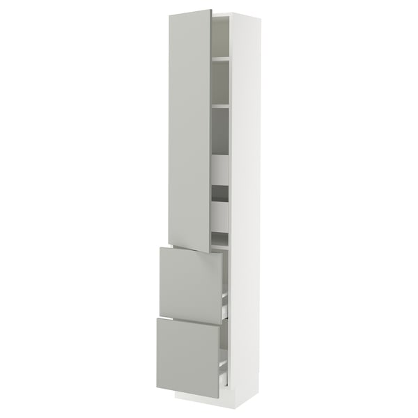 SEKTION kitchen tower: modern light grey, white, rectangular, sleek doors, adjustable shelves.