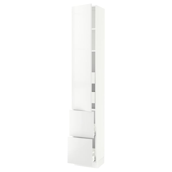 White SEKTION kitchen cabinet with high-gloss, modern design and adjustable shelves.
