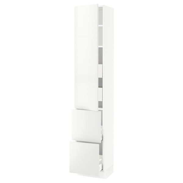Modern white kitchen cabinet, tall with shelves, sleek design.