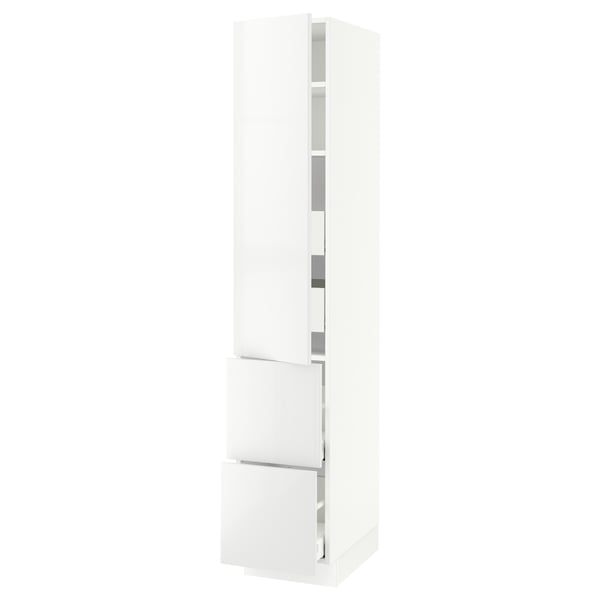 SEKTION white kitchen cabinet, modern, high with drawers & shelves, glossy finish.