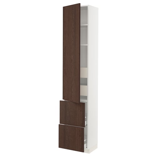 Tall white kitchen cabinet with dark brown wood grain doors and adjustable shelves.