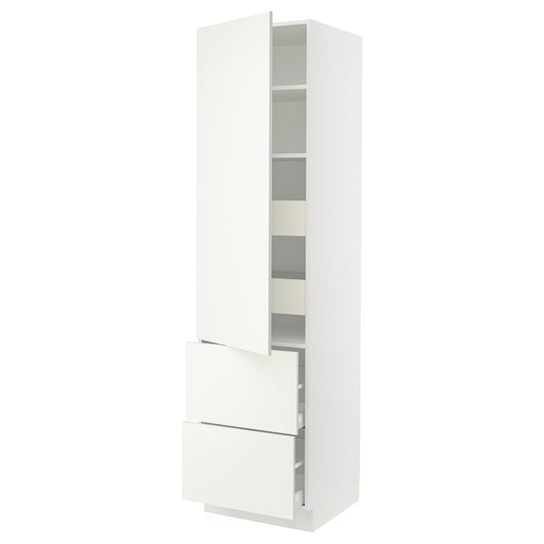 A white SEKTION kitchen cabinet with adjustable shelves and a drawer, featuring a sleek design.