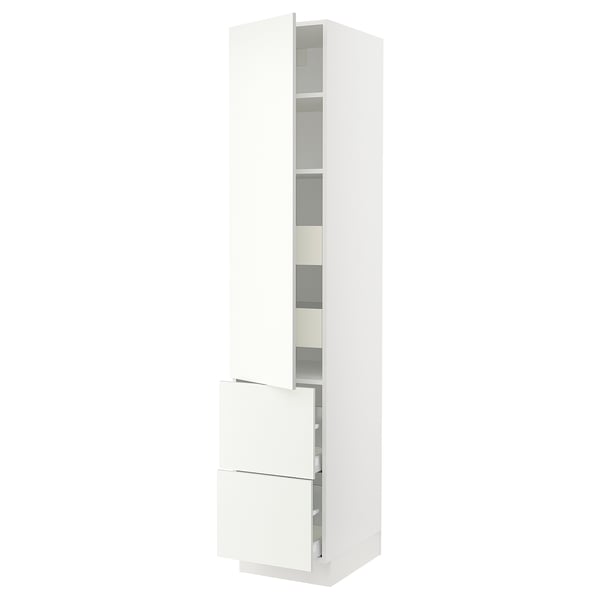 White SEKTION tall kitchen cabinet with adjustable shelves and smooth-close drawers.