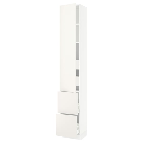 White modern kitchen cabinet, tall, sleek design with smooth doors, adjustable shelves, and soft-closing hinges.