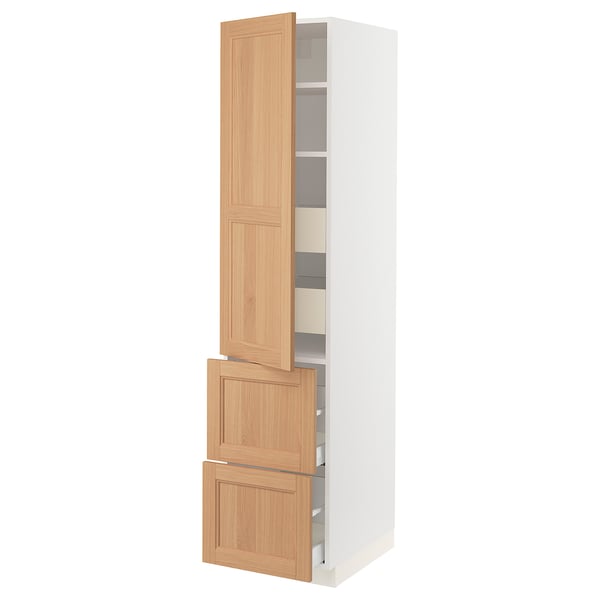 A SEKTION kitchen cabinet in white and wood with adjustable shelves and integrated drawers, featuring a natural oak finish.