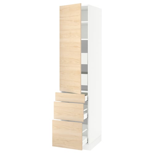 A SEKTION kitchen cabinet with light ash wooden doors and a white frame. It has multiple shelves and drawers for storage.