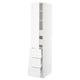 A white SEKTION kitchen cabinet with four pull-out drawers and a door, featuring an adjustable shelf inside.