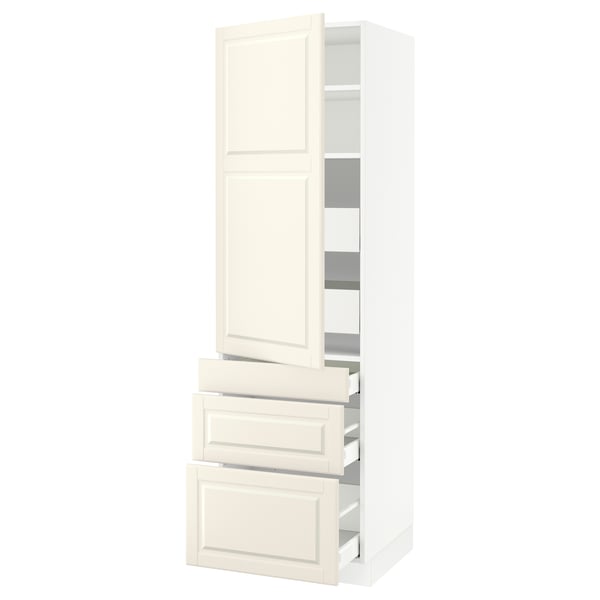 Off-white SEKTION kitchen cabinet with bevelled edges, featuring adjustable shelves and full-extension drawers.