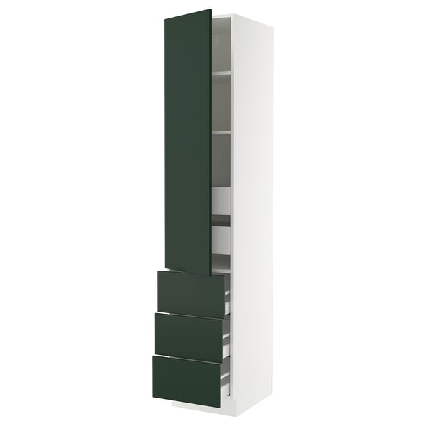 SEKTION kitchen cabinet, white with green havstorp doors, three drawers, and adjustable shelves.