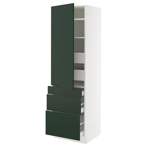 An ikea SEKTION tall kitchen cabinet with dark green havstorp doors and drawers. The cabinet has adjustable shelves and soft-closing mechanisms.