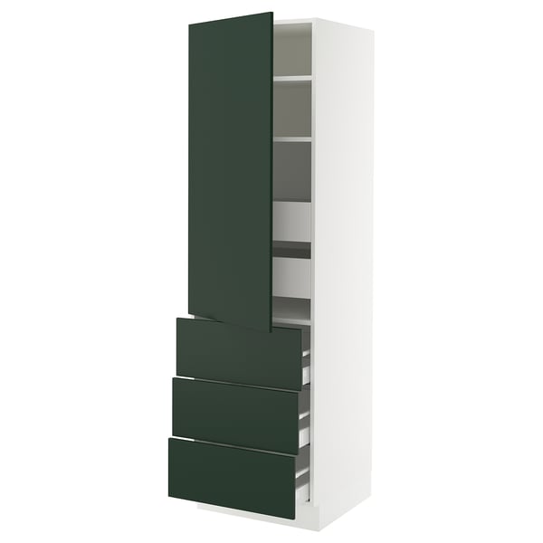 A white SEKTION kitchen cabinet with green drawers and doors, featuring multiple shelves inside.