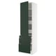 White & green kitchen cabinet, tall with open door, shelves, drawers, smooth edges.