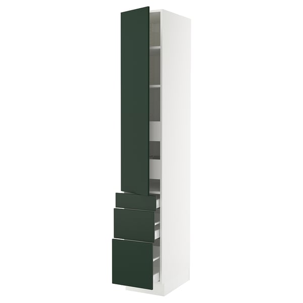 A white SEKTION cabinet with dark green doors and drawers, featuring a tall, slim design and adjustable shelves.