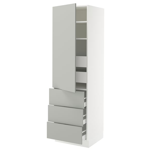 SEKTION white kitchen cabinet with light grey drawers, rectangular and sleek design with modern clean look, open door revealing adjustable shelves.